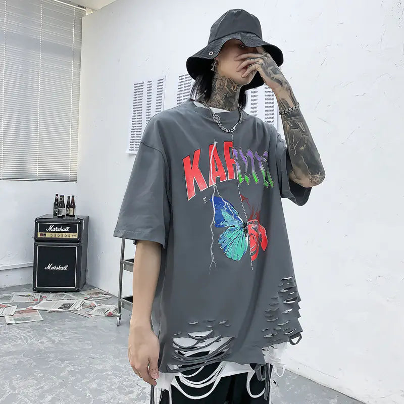 Men's Ripped Hem Short Sleeve T-Shirt - Summer Streetwear