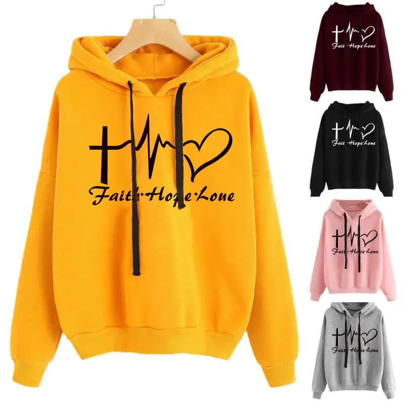 Women's Long Sleeve Heart Print Hoodie Sweatshirt