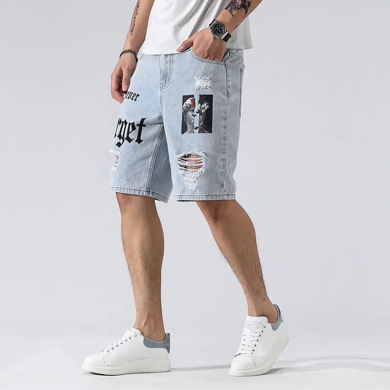 2023 Summer Men's Loose Fit Distressed Denim Shorts